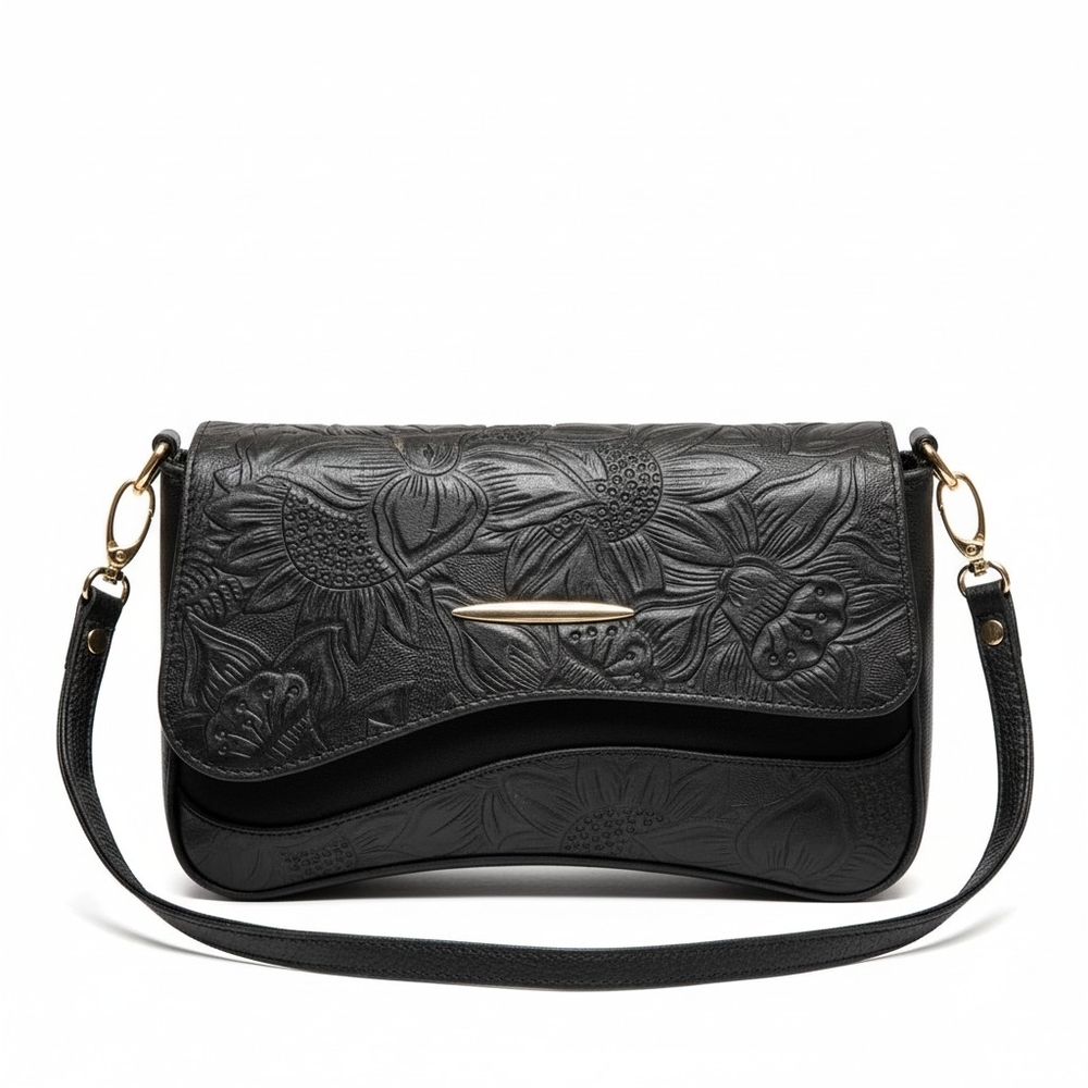 2 Straps Set Black Embossed Tooled Artisan LEATHER Shoulder Bag Crossbody Purse - Picture 1 of 15